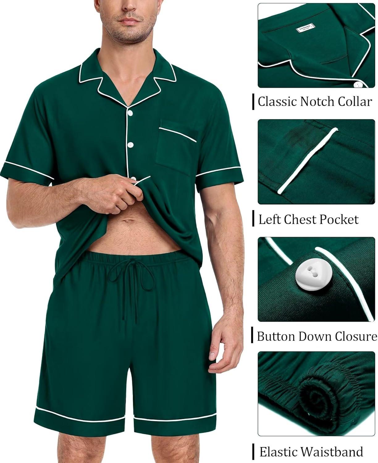 imageSWOMOG Mens Pajama Set Short Sleeve 2 PCS Sleepwear Button Down Soft Loungewear Modal Set Pj Set with Pockets S3XLChristmas Green