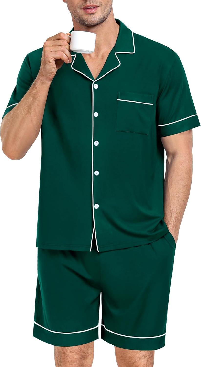 imageSWOMOG Mens Pajama Set Short Sleeve 2 PCS Sleepwear Button Down Soft Loungewear Modal Set Pj Set with Pockets S3XLChristmas Green