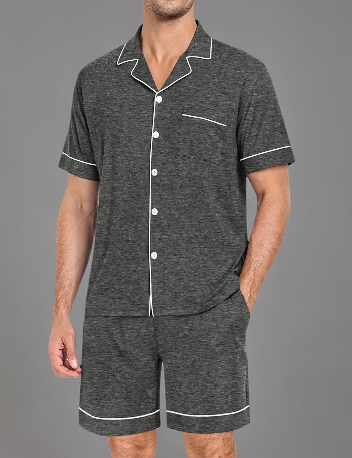 imageSWOMOG Mens Pajama Set Short Sleeve 2 PCS Sleepwear Button Down Soft Loungewear Modal Set Pj Set with Pockets S3XLDeep Grey