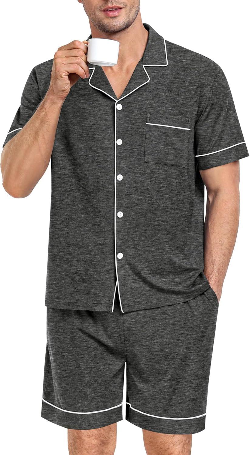 imageSWOMOG Mens Pajama Set Short Sleeve 2 PCS Sleepwear Button Down Soft Loungewear Modal Set Pj Set with Pockets S3XLDeep Grey