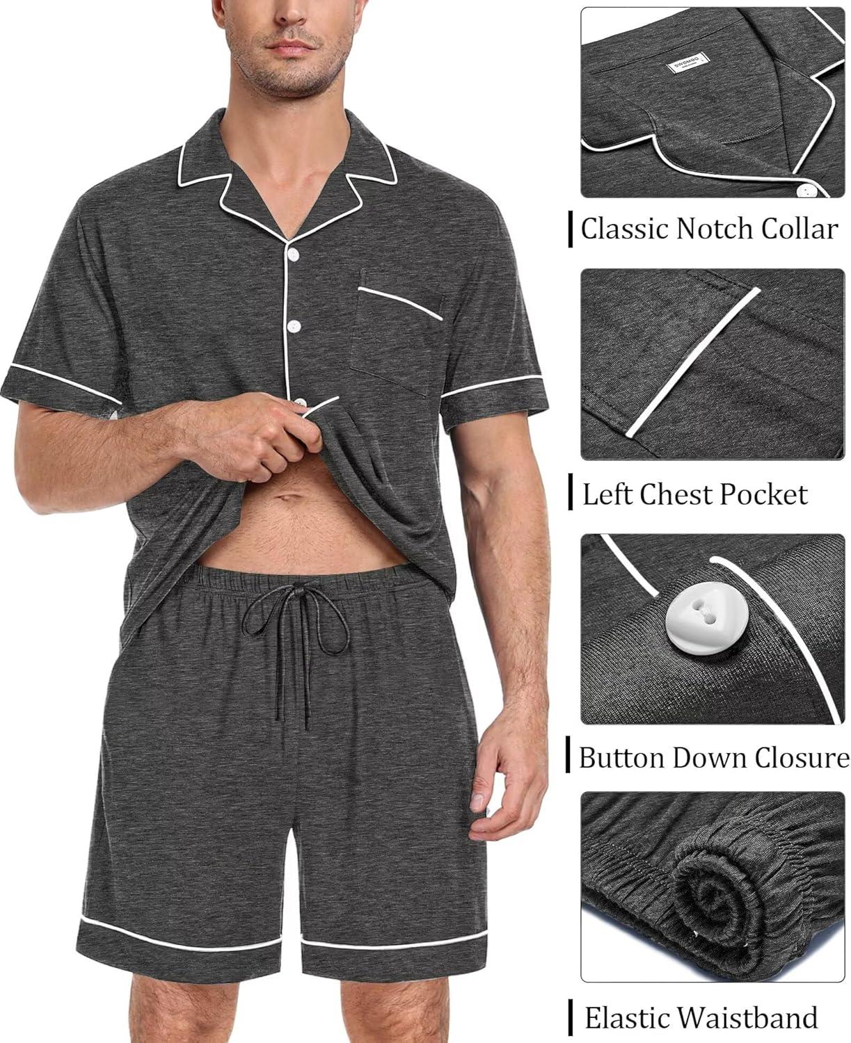 imageSWOMOG Mens Pajama Set Short Sleeve 2 PCS Sleepwear Button Down Soft Loungewear Modal Set Pj Set with Pockets S3XLDeep Grey