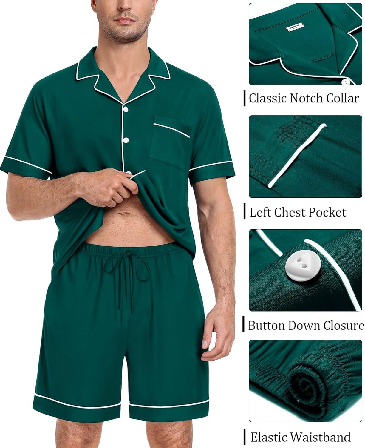 imageSWOMOG Mens Pajama Set Short Sleeve 2 PCS Sleepwear Button Down Soft Loungewear Modal Set Pj Set with Pockets S3XLGreen