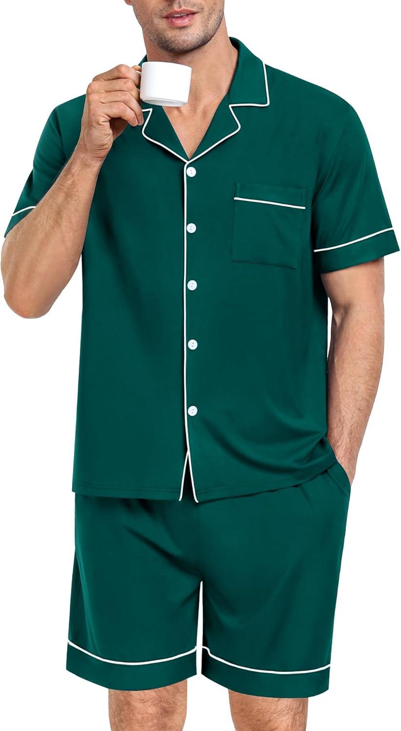 imageSWOMOG Mens Pajama Set Short Sleeve 2 PCS Sleepwear Button Down Soft Loungewear Modal Set Pj Set with Pockets S3XLGreen