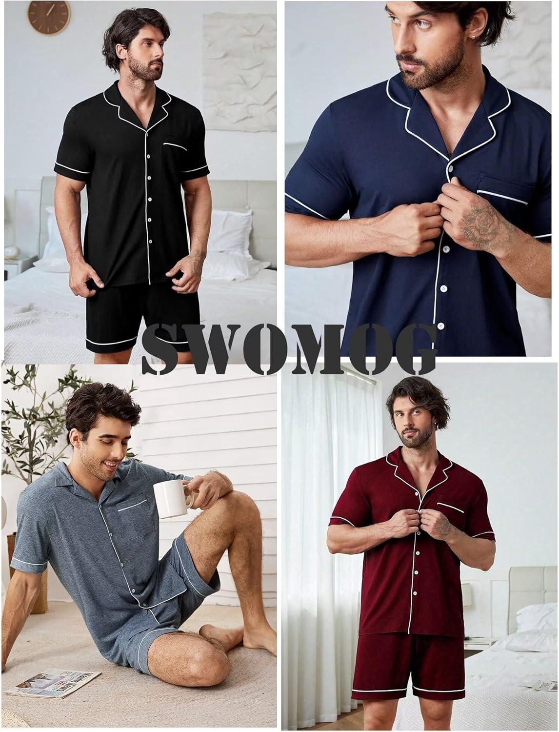imageSWOMOG Mens Pajama Set Short Sleeve 2 PCS Sleepwear Button Down Soft Loungewear Modal Set Pj Set with Pockets S3XLGreen