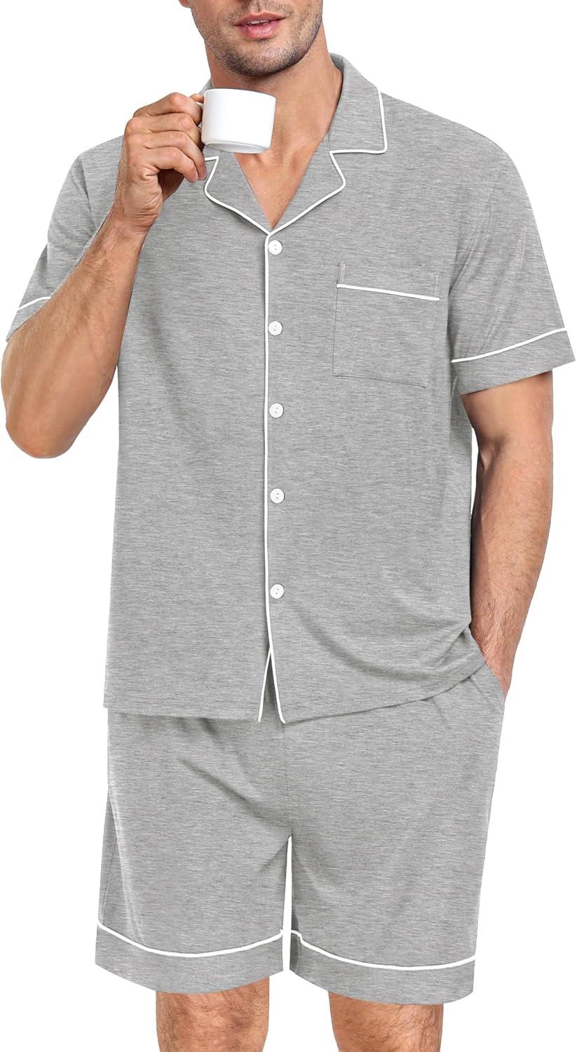 imageSWOMOG Mens Pajama Set Short Sleeve 2 PCS Sleepwear Button Down Soft Loungewear Modal Set Pj Set with Pockets S3XLGrey