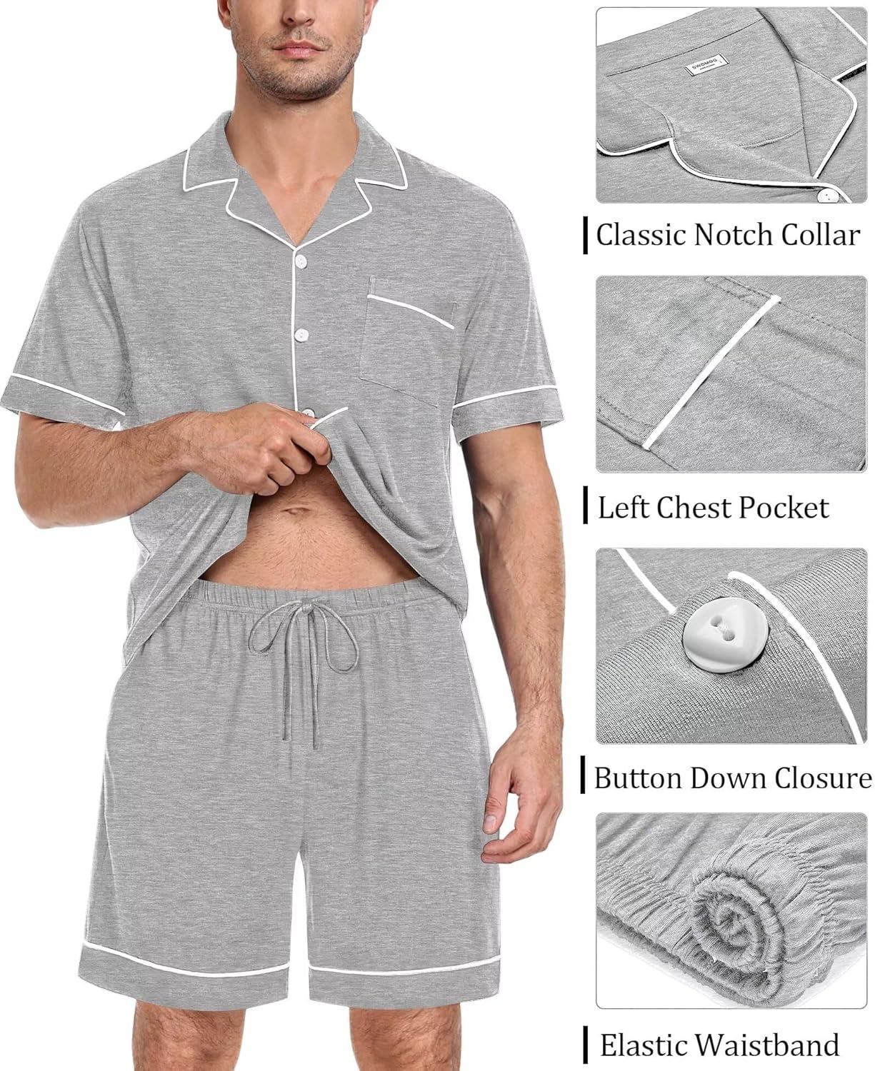 imageSWOMOG Mens Pajama Set Short Sleeve 2 PCS Sleepwear Button Down Soft Loungewear Modal Set Pj Set with Pockets S3XLGrey