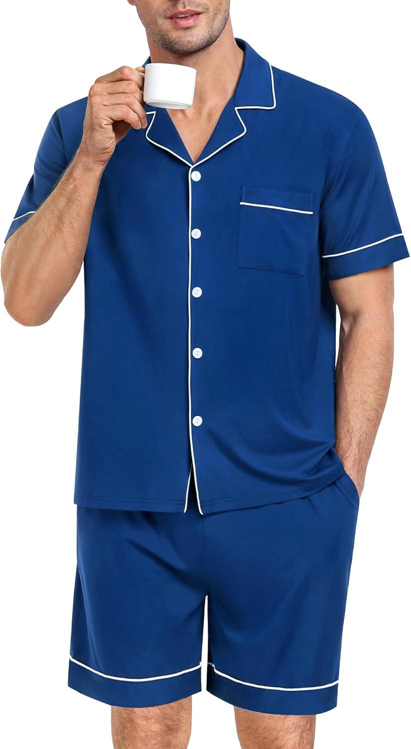 imageSWOMOG Mens Pajama Set Short Sleeve 2 PCS Sleepwear Button Down Soft Loungewear Modal Set Pj Set with Pockets S3XLNavy