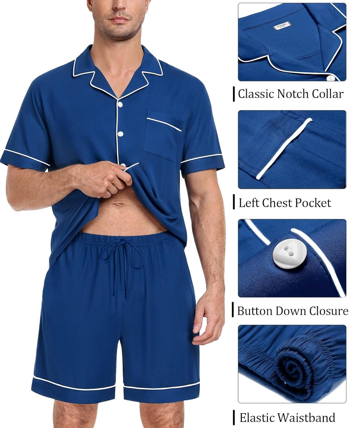 imageSWOMOG Mens Pajama Set Short Sleeve 2 PCS Sleepwear Button Down Soft Loungewear Modal Set Pj Set with Pockets S3XLNavy