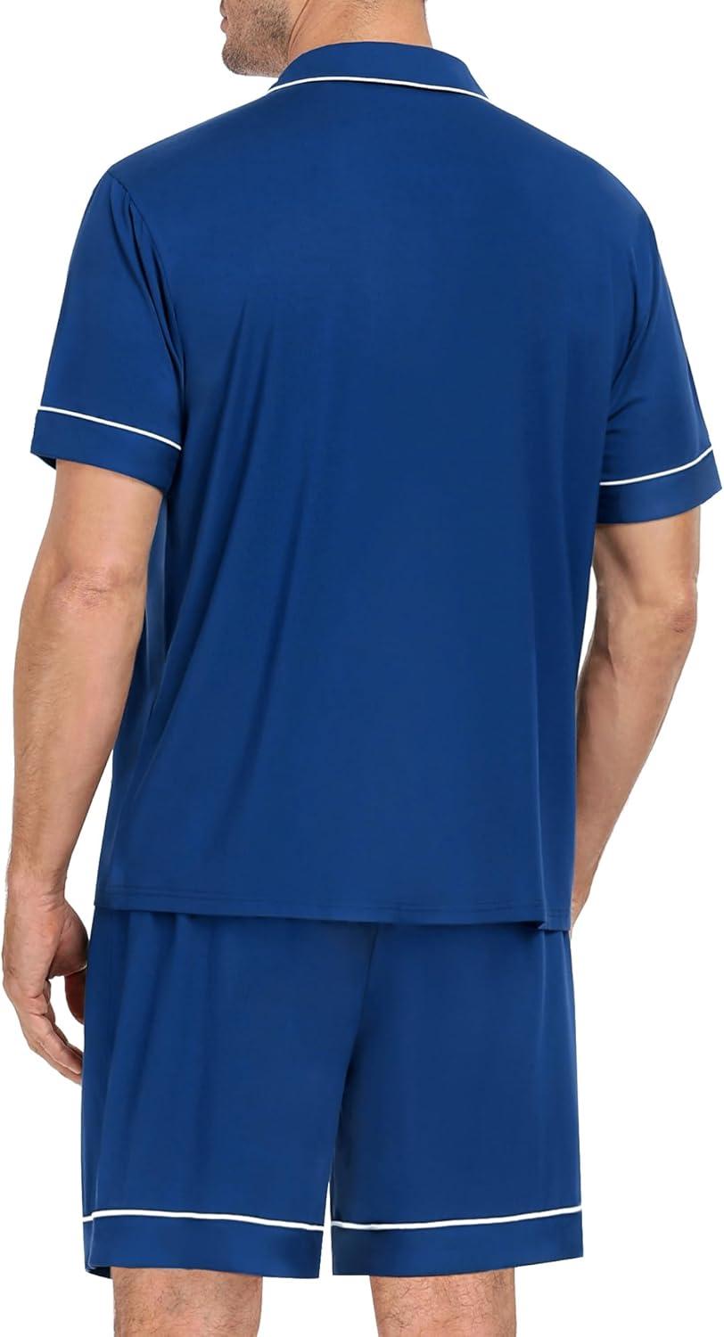 imageSWOMOG Mens Pajama Set Short Sleeve 2 PCS Sleepwear Button Down Soft Loungewear Modal Set Pj Set with Pockets S3XLNavy