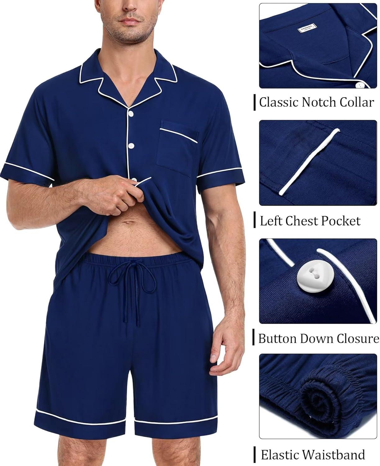 imageSWOMOG Mens Pajama Set Short Sleeve 2 PCS Sleepwear Button Down Soft Loungewear Modal Set Pj Set with Pockets S3XLNavy Blue