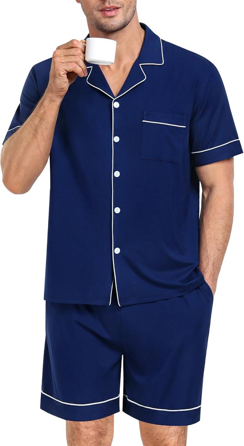 imageSWOMOG Mens Pajama Set Short Sleeve 2 PCS Sleepwear Button Down Soft Loungewear Modal Set Pj Set with Pockets S3XLNavy Blue