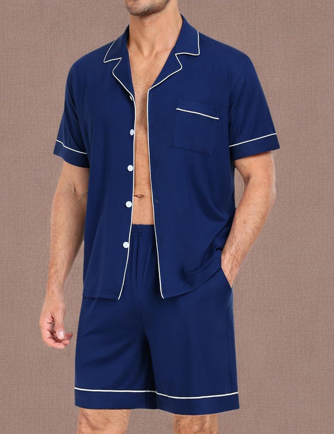 imageSWOMOG Mens Pajama Set Short Sleeve 2 PCS Sleepwear Button Down Soft Loungewear Modal Set Pj Set with Pockets S3XLNavy Blue