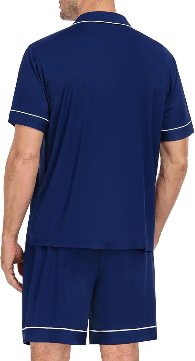 imageSWOMOG Mens Pajama Set Short Sleeve 2 PCS Sleepwear Button Down Soft Loungewear Modal Set Pj Set with Pockets S3XLNavy Blue