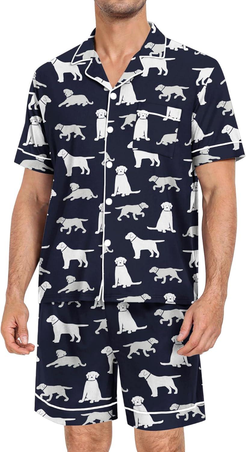imageSWOMOG Mens Pajama Set Short Sleeve 2 PCS Sleepwear Button Down Soft Loungewear Modal Set Pj Set with Pockets S3XLNavy Blue Dogs