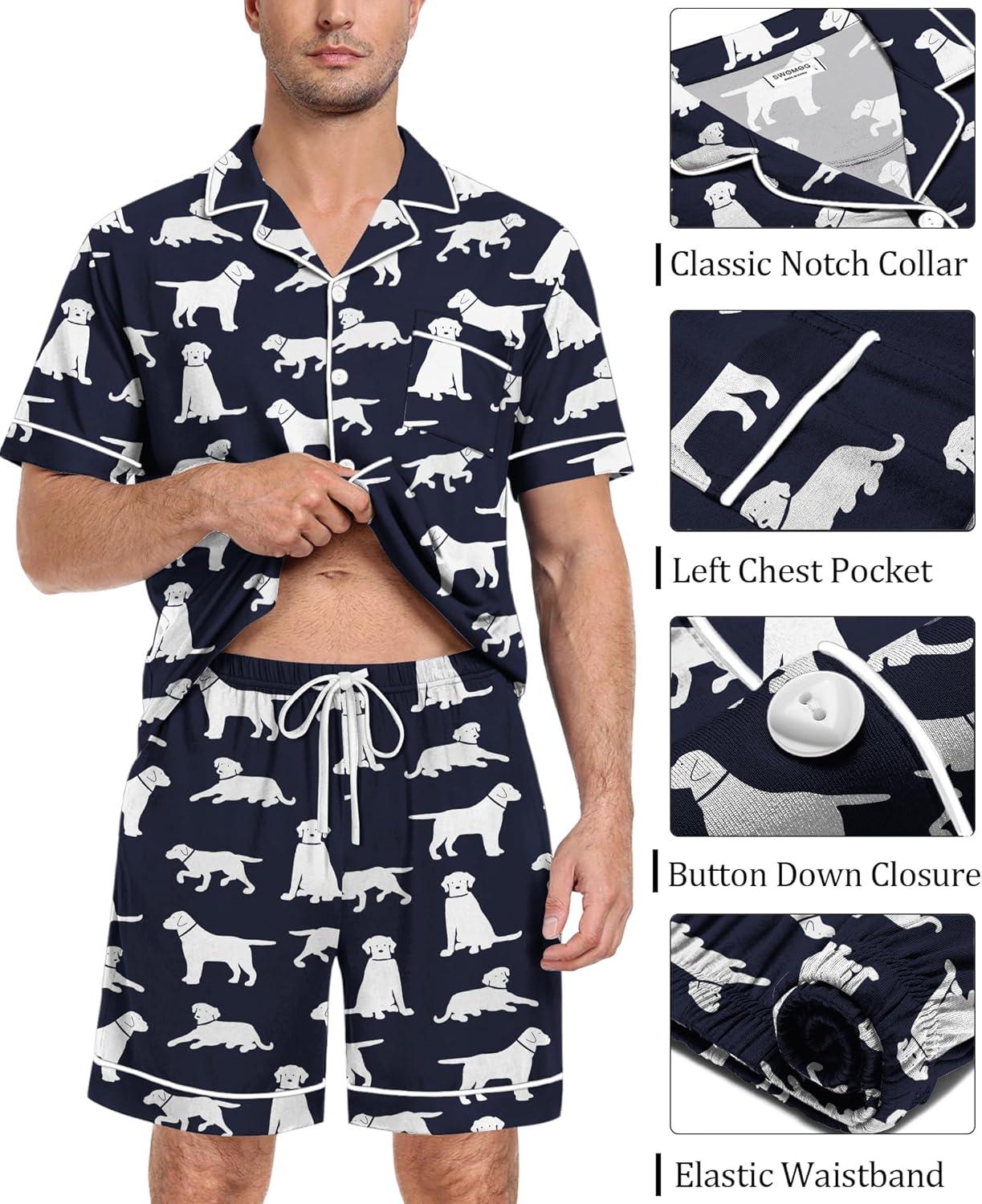 imageSWOMOG Mens Pajama Set Short Sleeve 2 PCS Sleepwear Button Down Soft Loungewear Modal Set Pj Set with Pockets S3XLNavy Blue Dogs