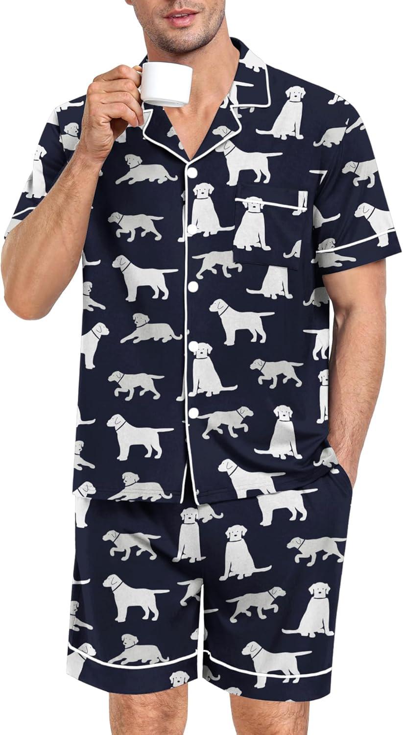 imageSWOMOG Mens Pajama Set Short Sleeve 2 PCS Sleepwear Button Down Soft Loungewear Modal Set Pj Set with Pockets S3XLNavy Blue Dogs