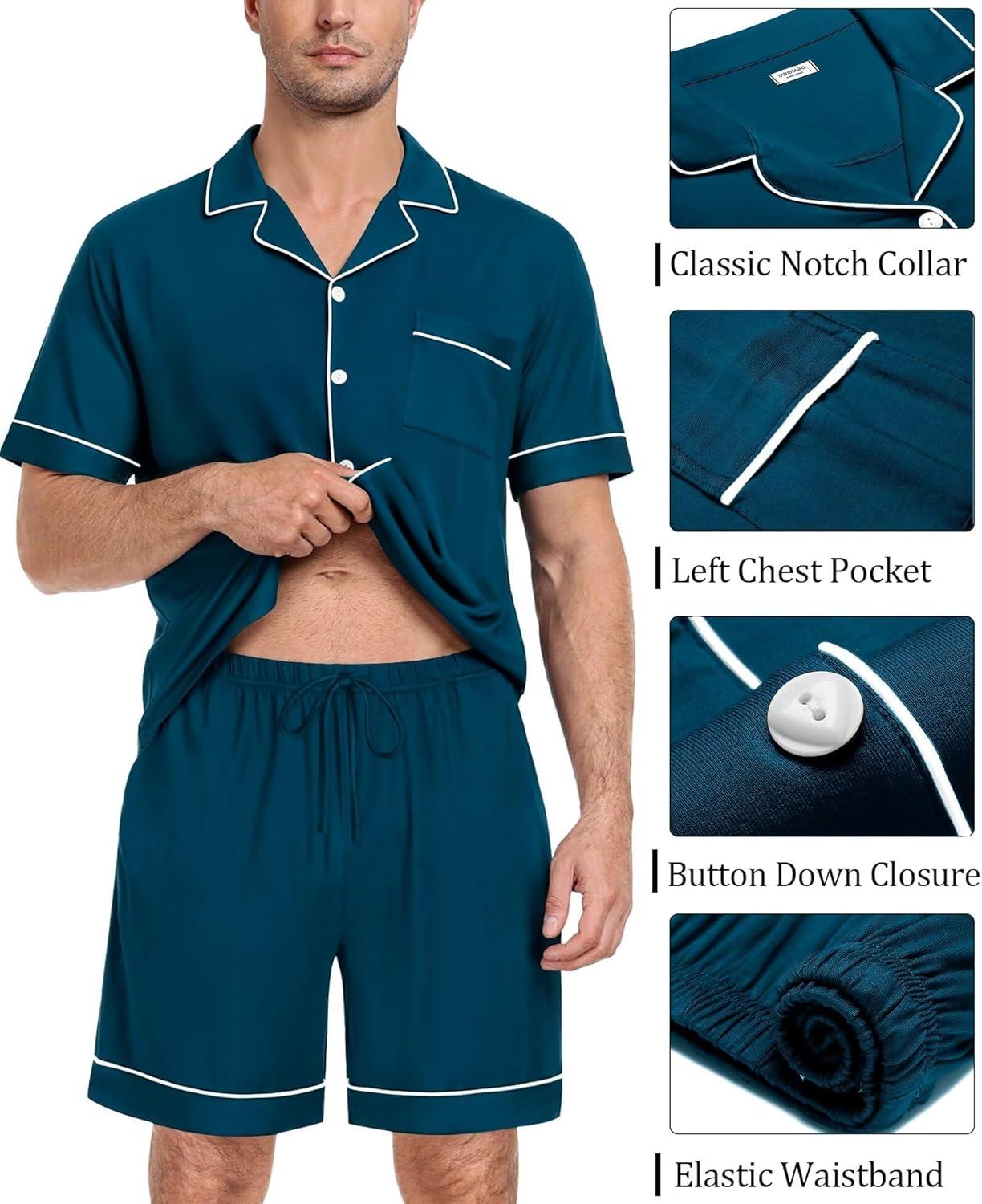 imageSWOMOG Mens Pajama Set Short Sleeve 2 PCS Sleepwear Button Down Soft Loungewear Modal Set Pj Set with Pockets S3XLOxford Blue