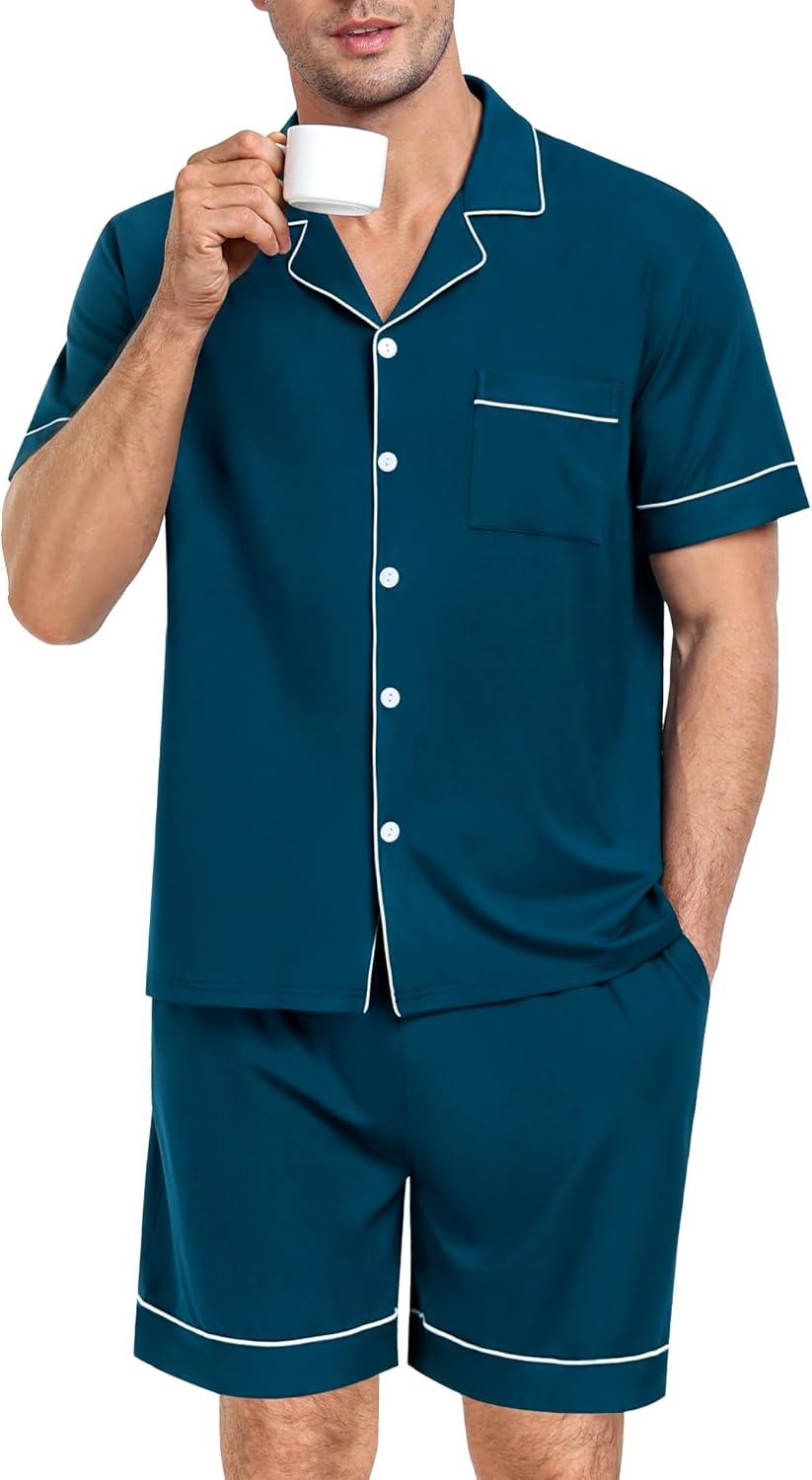 imageSWOMOG Mens Pajama Set Short Sleeve 2 PCS Sleepwear Button Down Soft Loungewear Modal Set Pj Set with Pockets S3XLOxford Blue