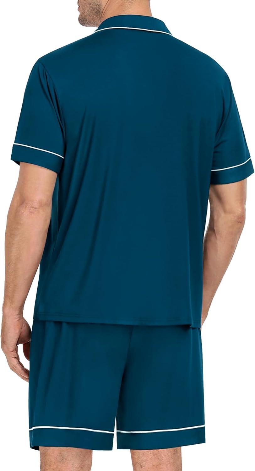 imageSWOMOG Mens Pajama Set Short Sleeve 2 PCS Sleepwear Button Down Soft Loungewear Modal Set Pj Set with Pockets S3XLOxford Blue