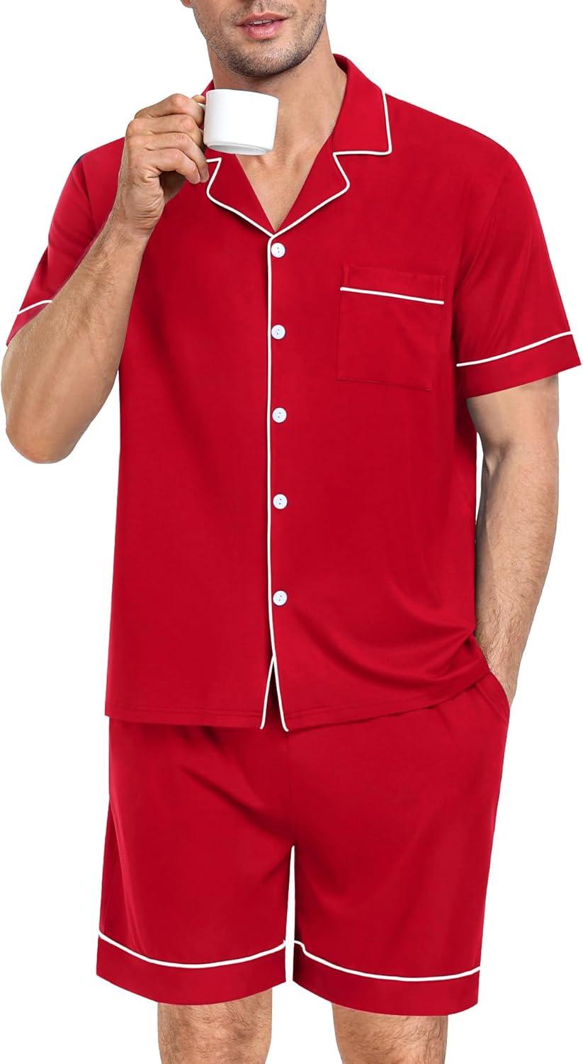 imageSWOMOG Mens Pajama Set Short Sleeve 2 PCS Sleepwear Button Down Soft Loungewear Modal Set Pj Set with Pockets S3XLRed
