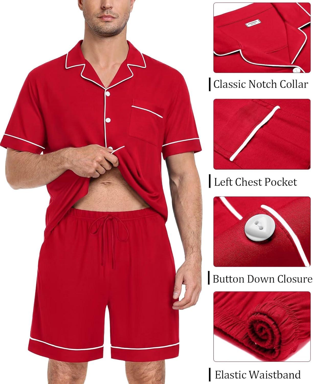 imageSWOMOG Mens Pajama Set Short Sleeve 2 PCS Sleepwear Button Down Soft Loungewear Modal Set Pj Set with Pockets S3XLRed