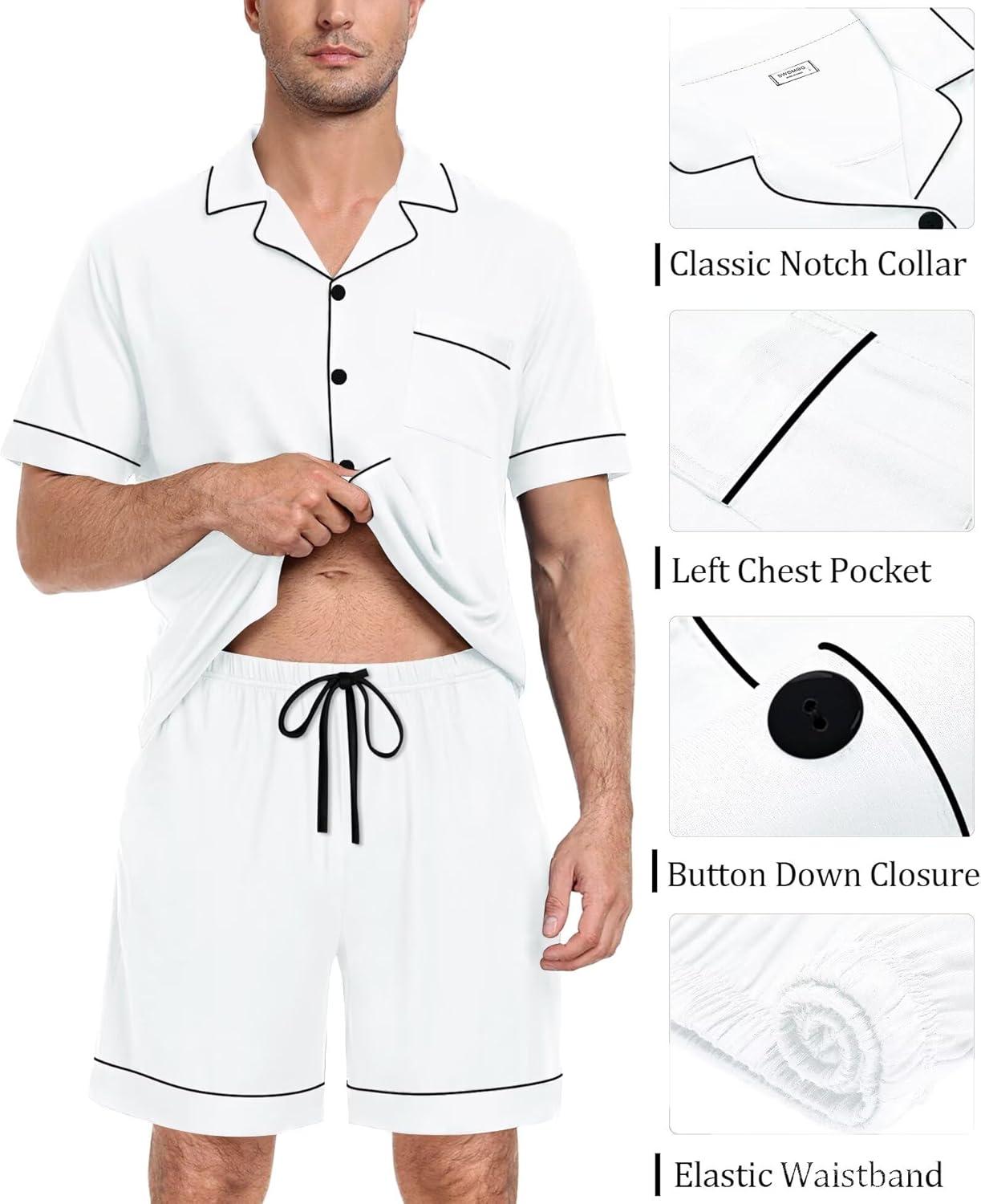 imageSWOMOG Mens Pajama Set Short Sleeve 2 PCS Sleepwear Button Down Soft Loungewear Modal Set Pj Set with Pockets S3XLWhite