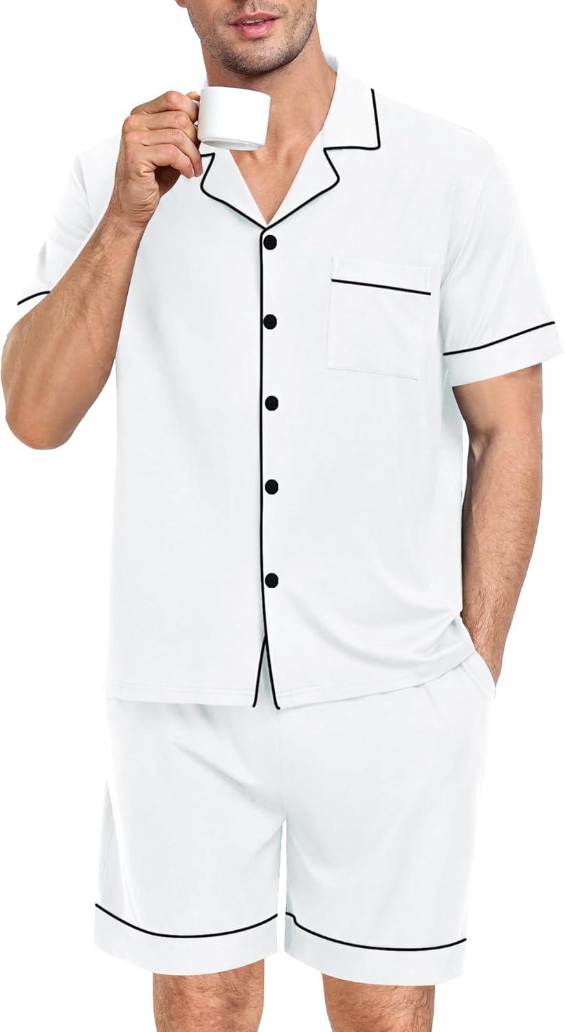 imageSWOMOG Mens Pajama Set Short Sleeve 2 PCS Sleepwear Button Down Soft Loungewear Modal Set Pj Set with Pockets S3XLWhite