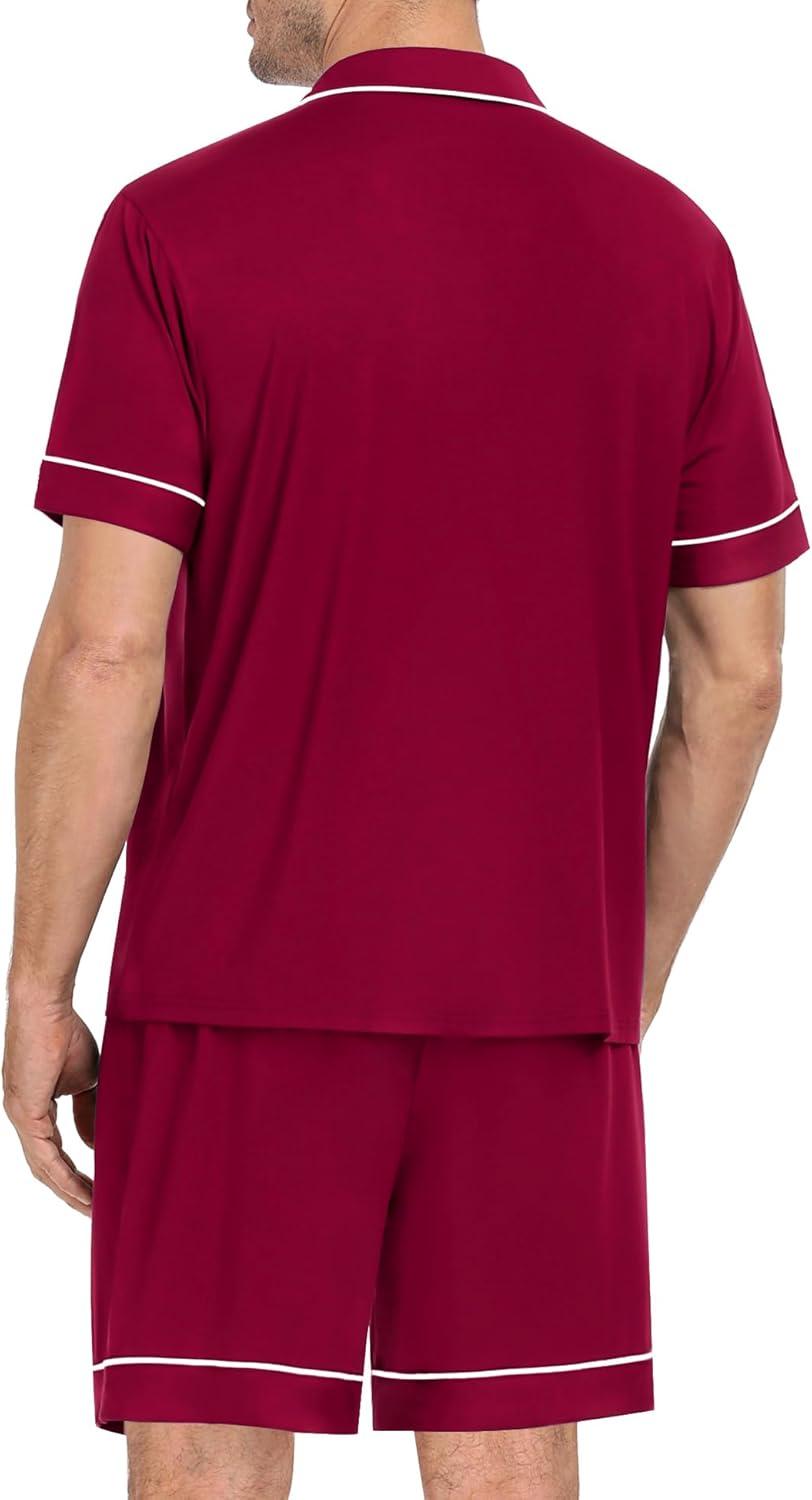 imageSWOMOG Mens Pajama Set Short Sleeve 2 PCS Sleepwear Button Down Soft Loungewear Modal Set Pj Set with Pockets S3XLWine Red