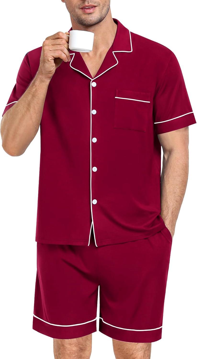 imageSWOMOG Mens Pajama Set Short Sleeve 2 PCS Sleepwear Button Down Soft Loungewear Modal Set Pj Set with Pockets S3XLWine Red