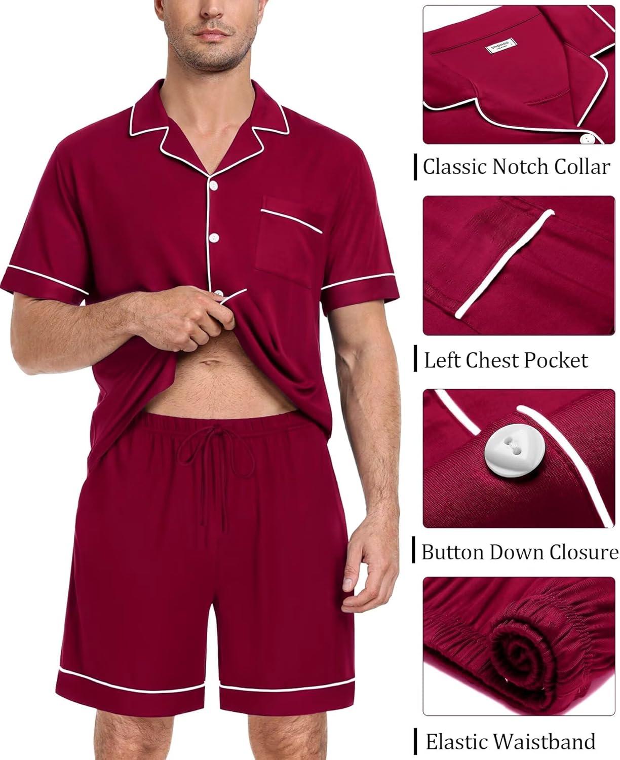 imageSWOMOG Mens Pajama Set Short Sleeve 2 PCS Sleepwear Button Down Soft Loungewear Modal Set Pj Set with Pockets S3XLWine Red