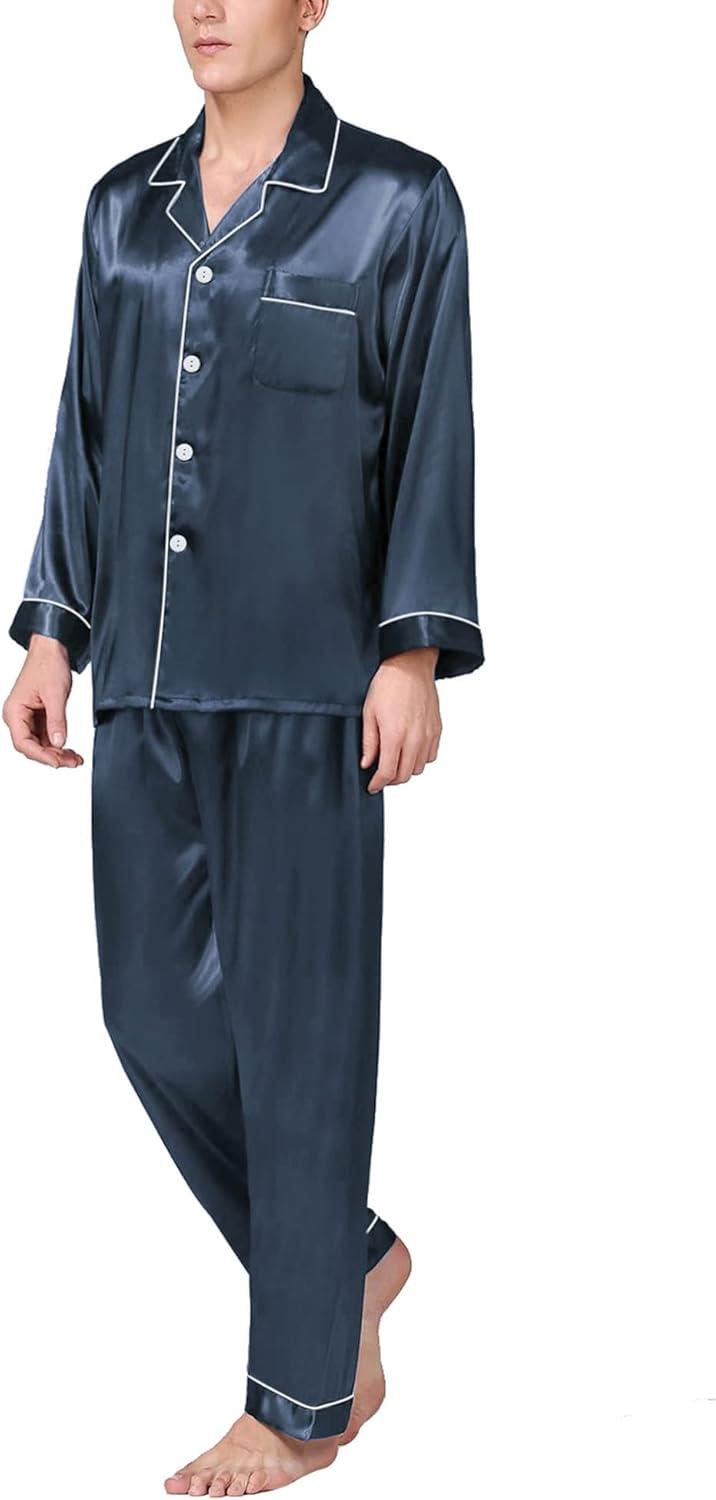 imageSWOMOG Mens Silk Satin Pajamas Set Long Sleeve Sleepwear ButtonDown Pj Twopiece Loungewear with Long Pants SXXLDeep Grey