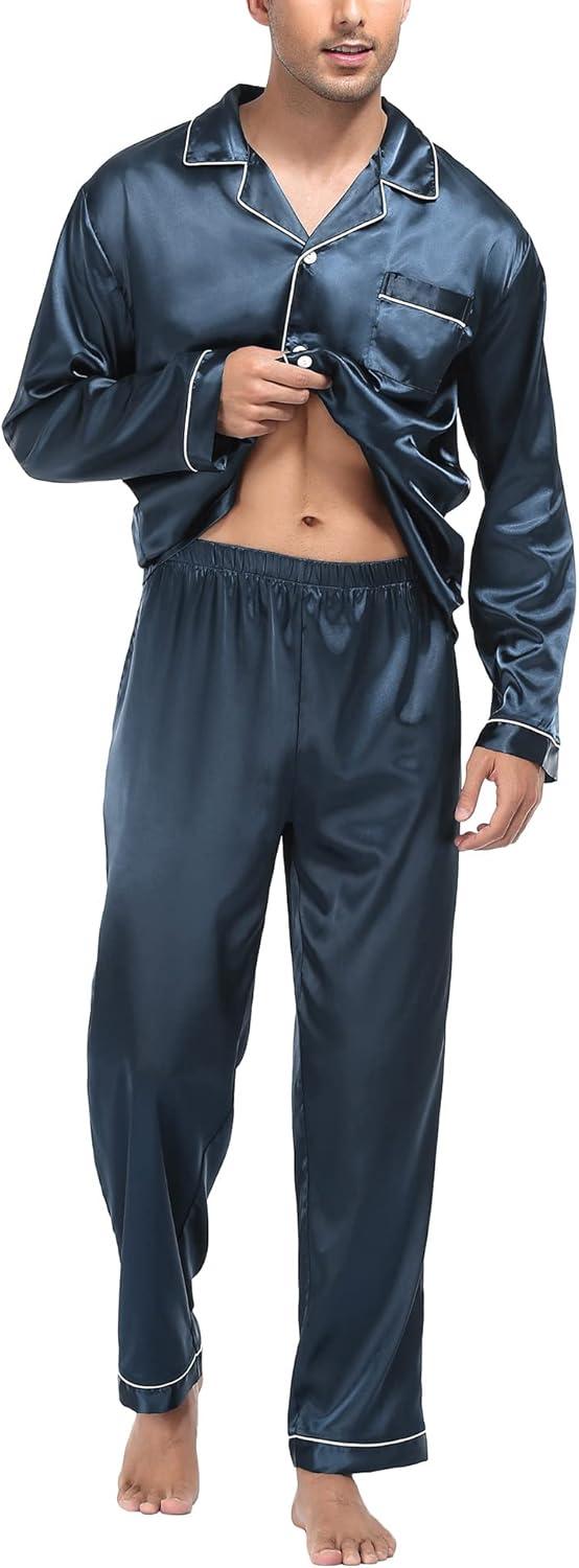 imageSWOMOG Mens Silk Satin Pajamas Set Long Sleeve Sleepwear ButtonDown Pj Twopiece Loungewear with Long Pants SXXLDeep Grey