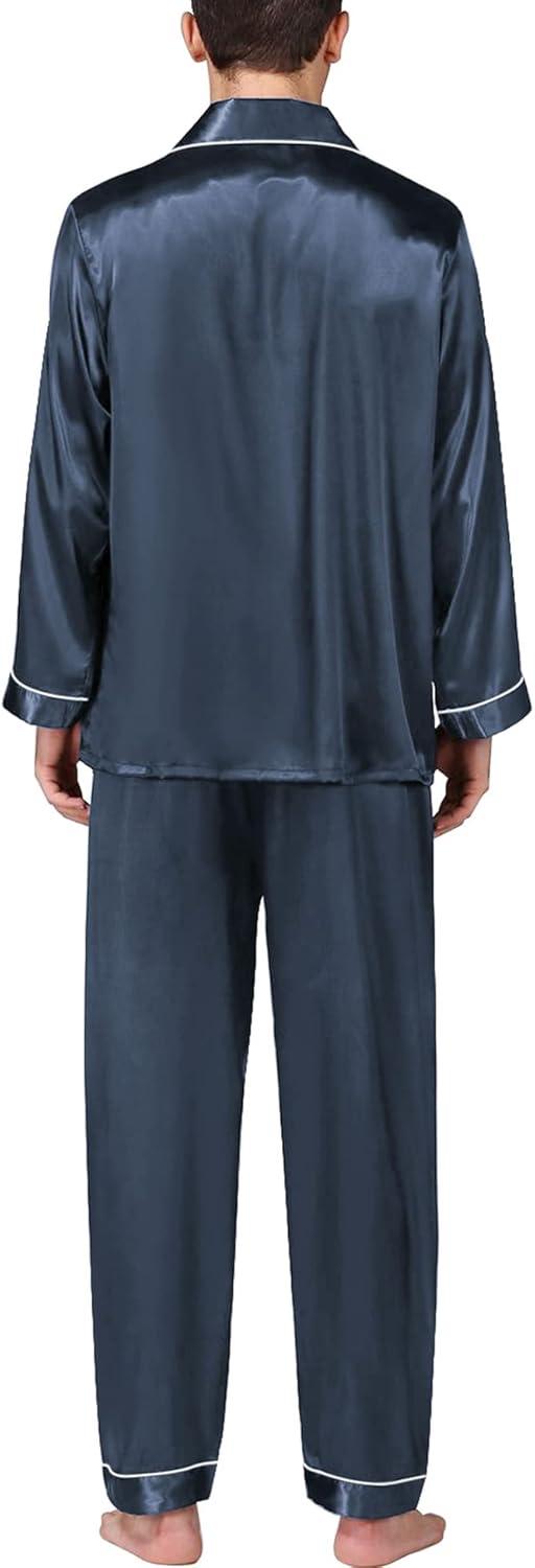 imageSWOMOG Mens Silk Satin Pajamas Set Long Sleeve Sleepwear ButtonDown Pj Twopiece Loungewear with Long Pants SXXLDeep Grey