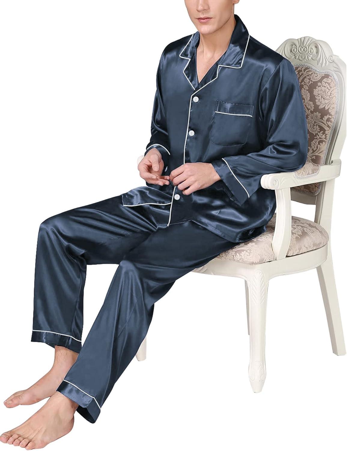 imageSWOMOG Mens Silk Satin Pajamas Set Long Sleeve Sleepwear ButtonDown Pj Twopiece Loungewear with Long Pants SXXLDeep Grey