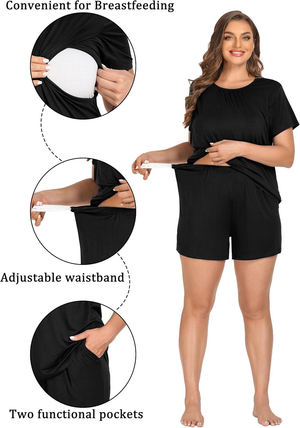 imageSWOMOG Women 3Pcs Maternity Pajama Set Nursing Pjs Pregnancy Set Breastfeeding Pjs Double Layer with PocketsBlack