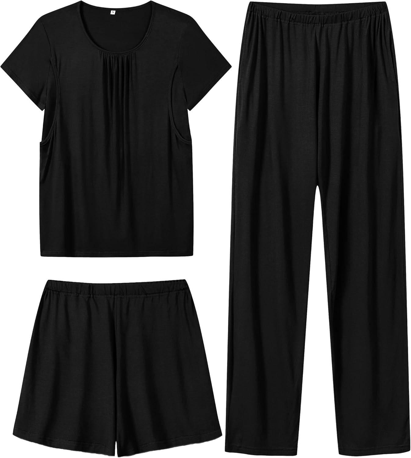 imageSWOMOG Women 3Pcs Maternity Pajama Set Nursing Pjs Pregnancy Set Breastfeeding Pjs Double Layer with PocketsBlack