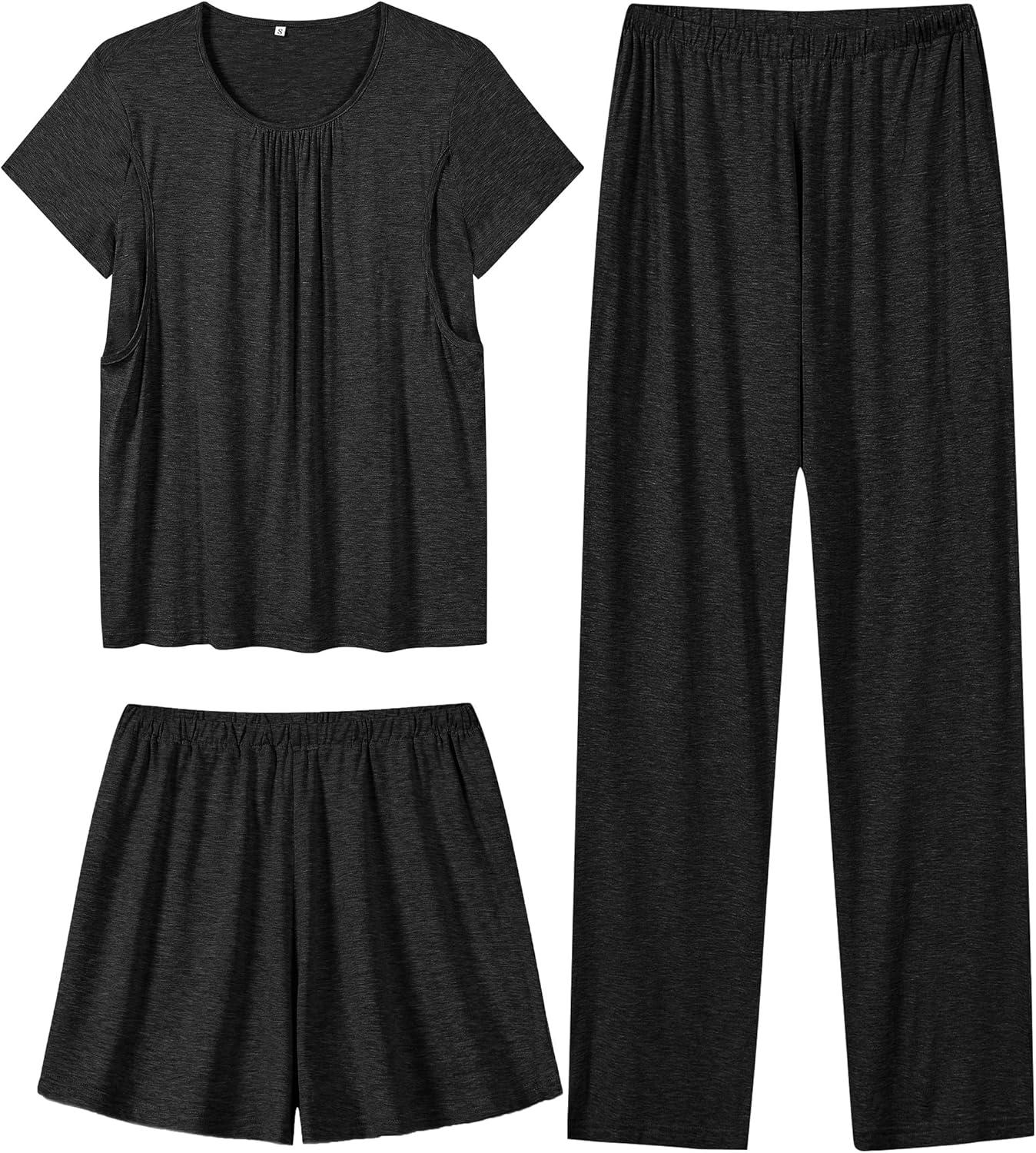 imageSWOMOG Women 3Pcs Maternity Pajama Set Nursing Pjs Pregnancy Set Breastfeeding Pjs Double Layer with PocketsBlack Grey