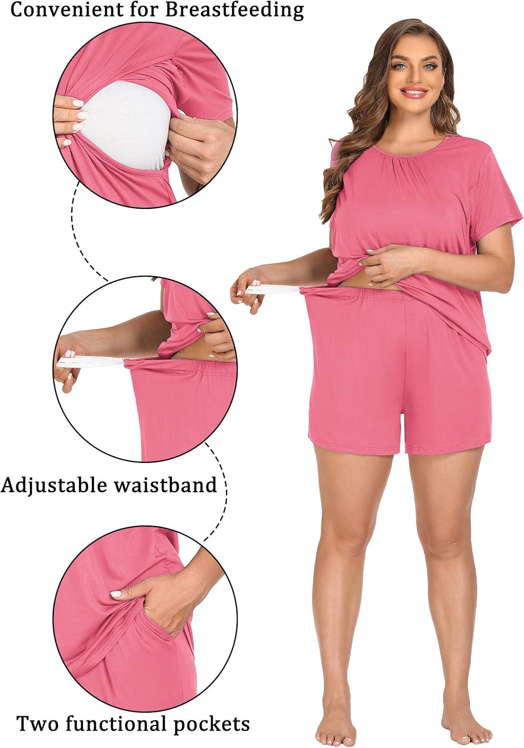 imageSWOMOG Women 3Pcs Maternity Pajama Set Nursing Pjs Pregnancy Set Breastfeeding Pjs Double Layer with PocketsCoral