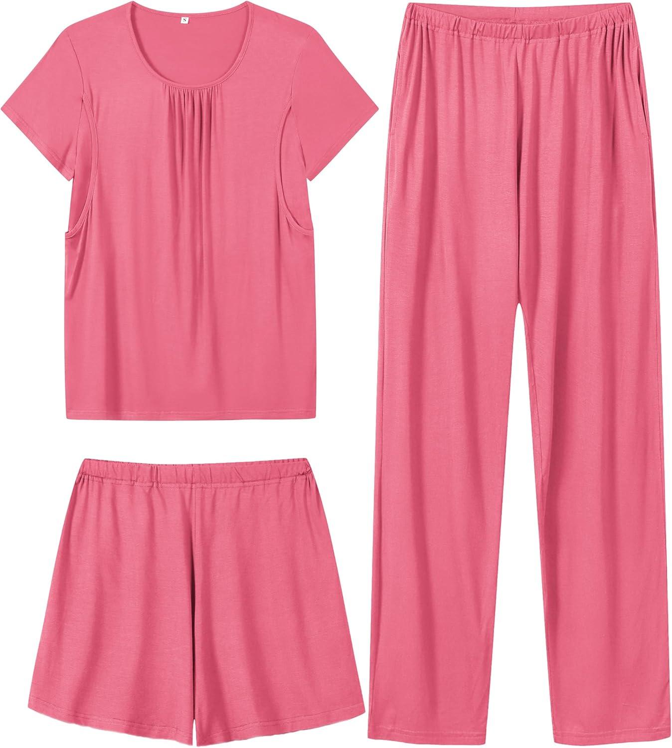imageSWOMOG Women 3Pcs Maternity Pajama Set Nursing Pjs Pregnancy Set Breastfeeding Pjs Double Layer with PocketsCoral