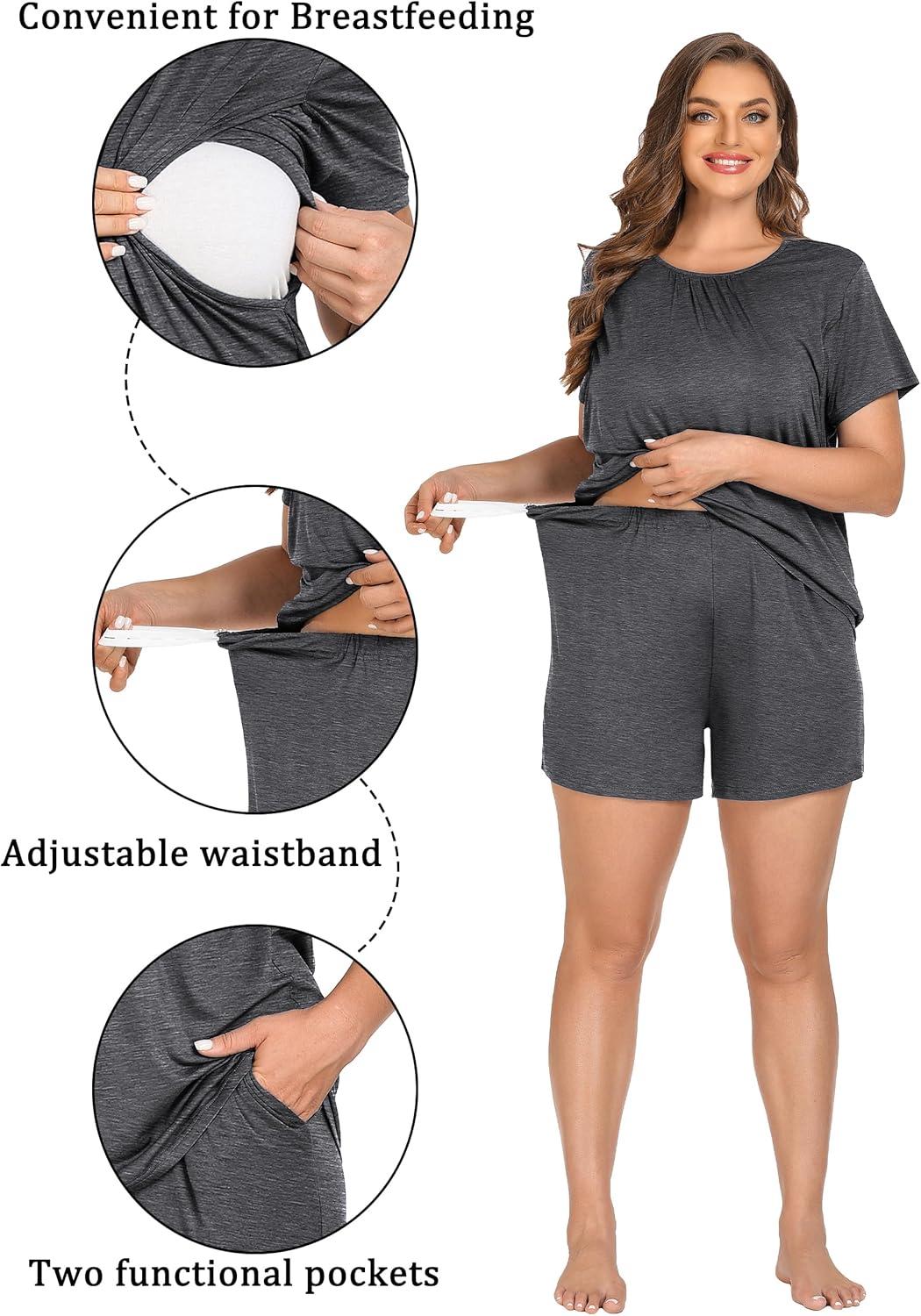 imageSWOMOG Women 3Pcs Maternity Pajama Set Nursing Pjs Pregnancy Set Breastfeeding Pjs Double Layer with PocketsDeep Grey