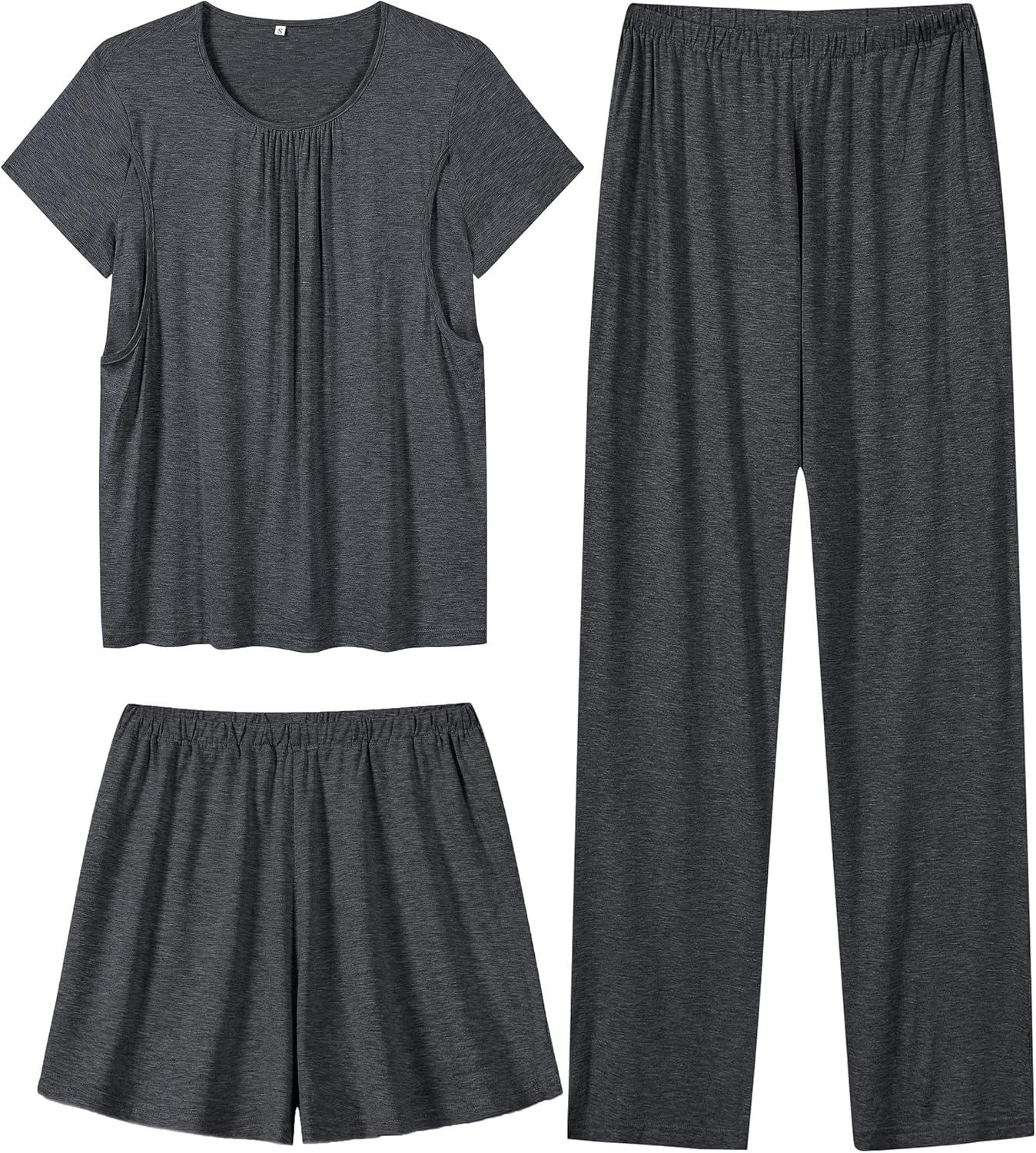 imageSWOMOG Women 3Pcs Maternity Pajama Set Nursing Pjs Pregnancy Set Breastfeeding Pjs Double Layer with PocketsDeep Grey