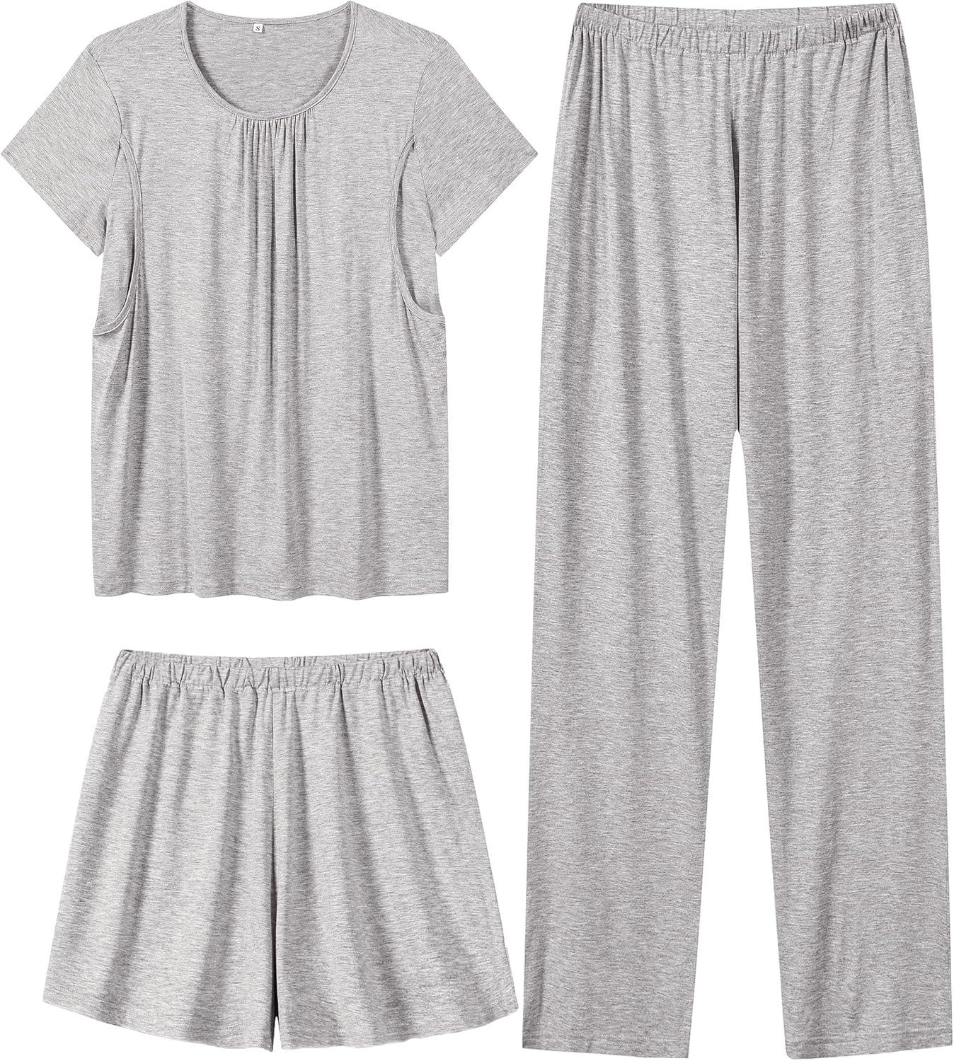 imageSWOMOG Women 3Pcs Maternity Pajama Set Nursing Pjs Pregnancy Set Breastfeeding Pjs Double Layer with PocketsGrey