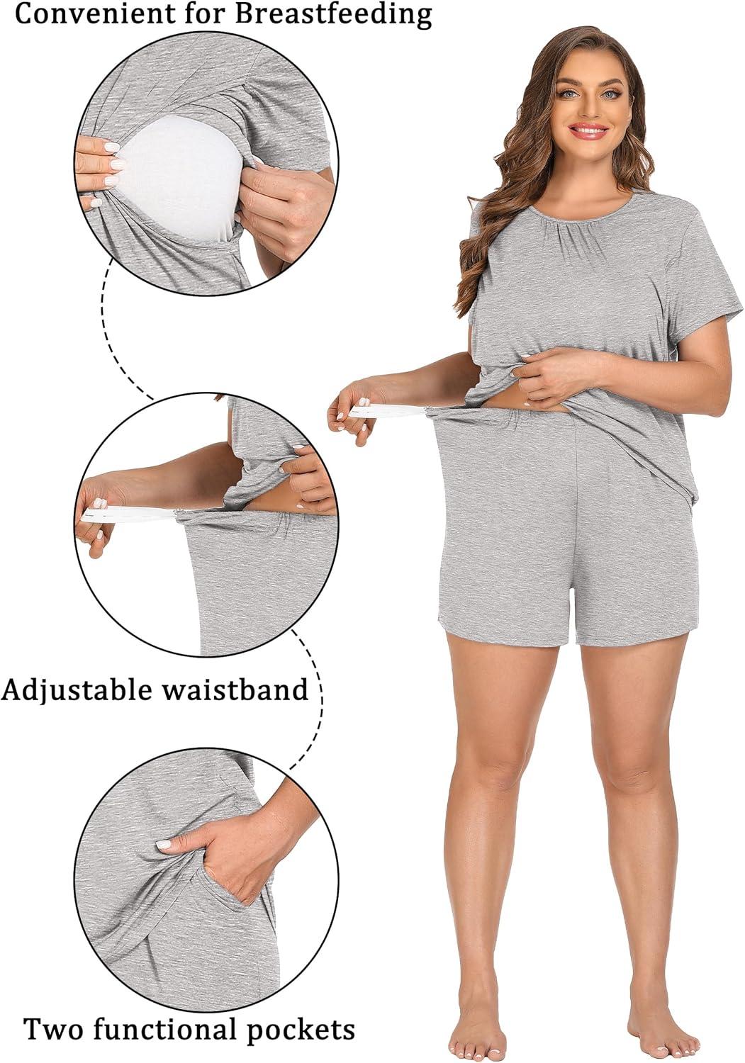imageSWOMOG Women 3Pcs Maternity Pajama Set Nursing Pjs Pregnancy Set Breastfeeding Pjs Double Layer with PocketsGrey