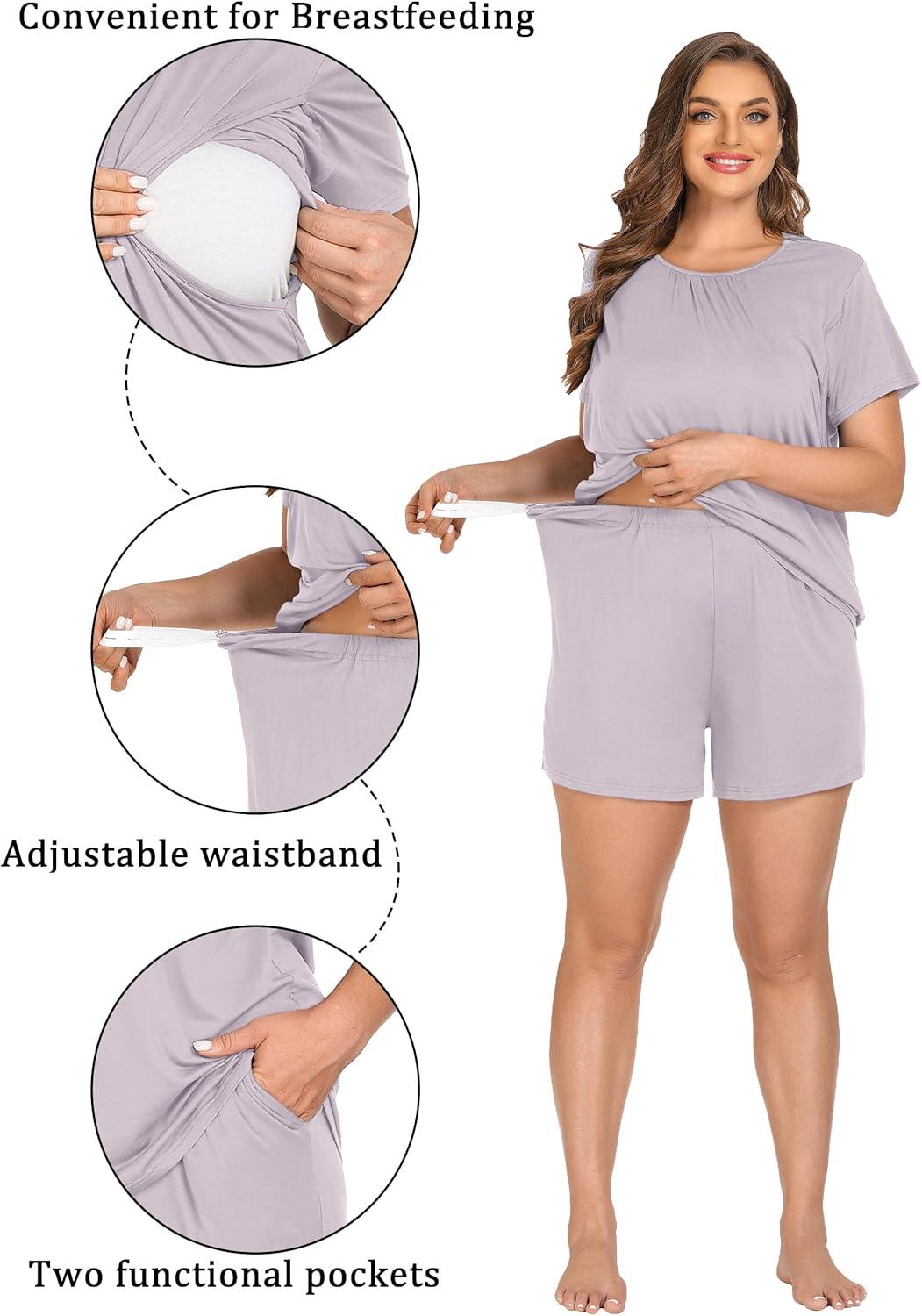 imageSWOMOG Women 3Pcs Maternity Pajama Set Nursing Pjs Pregnancy Set Breastfeeding Pjs Double Layer with PocketsLilac