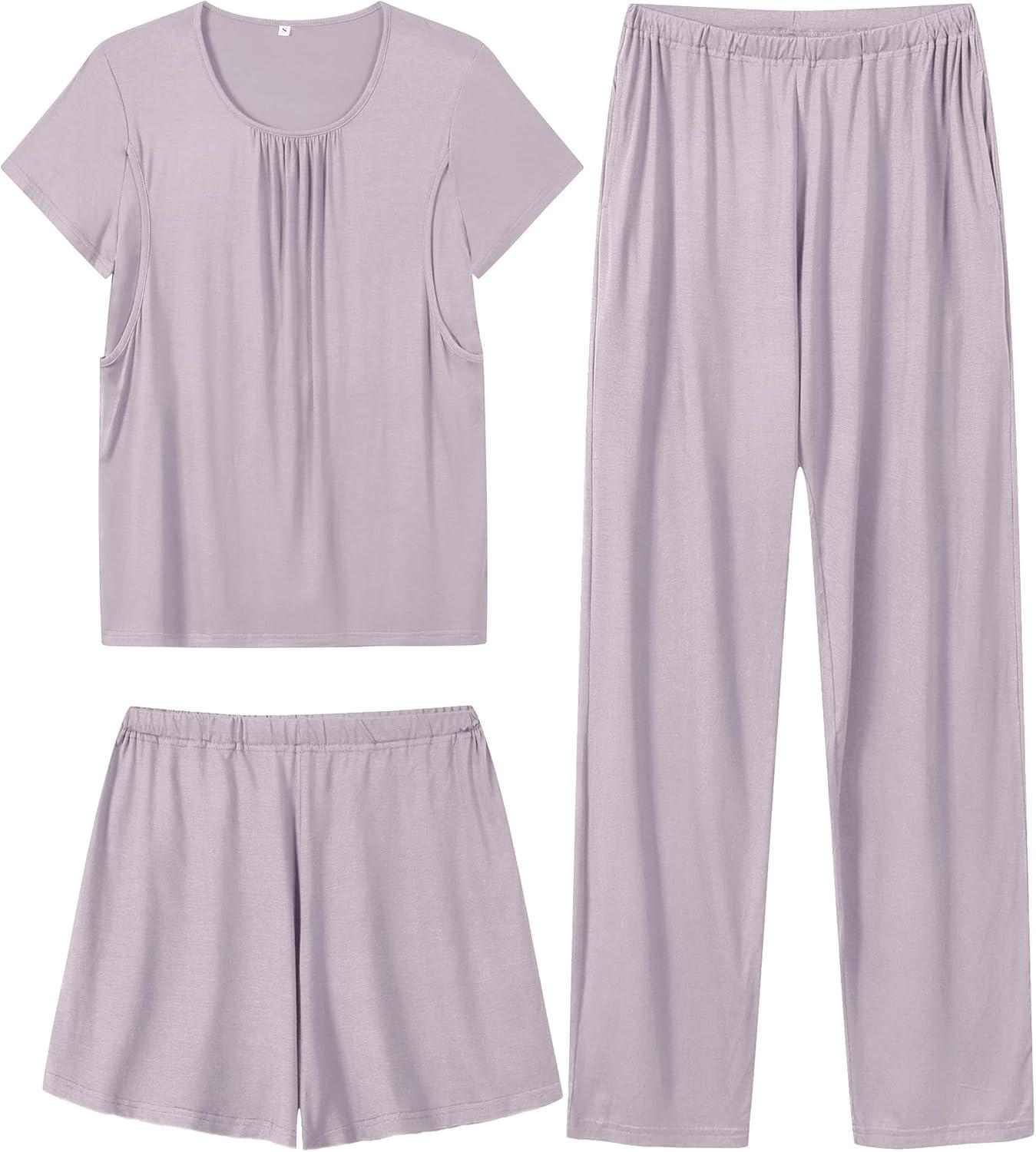 imageSWOMOG Women 3Pcs Maternity Pajama Set Nursing Pjs Pregnancy Set Breastfeeding Pjs Double Layer with PocketsLilac