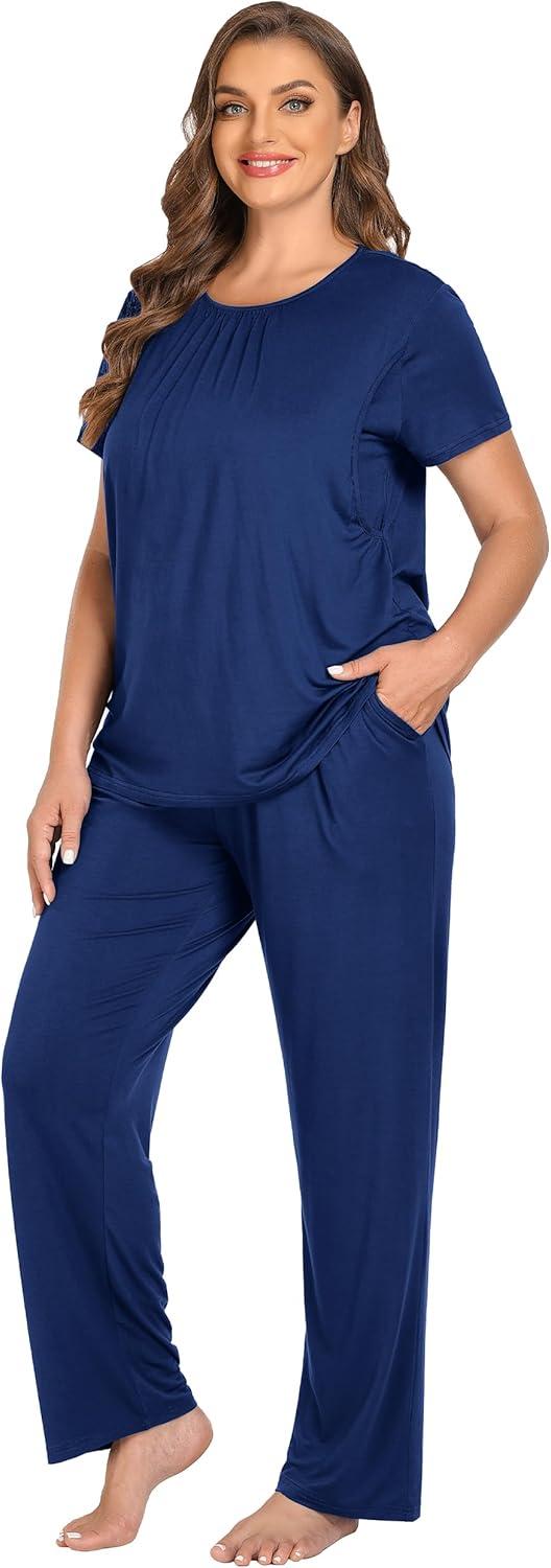 imageSWOMOG Women 3Pcs Maternity Pajama Set Nursing Pjs Pregnancy Set Breastfeeding Pjs Double Layer with PocketsNavy Blue