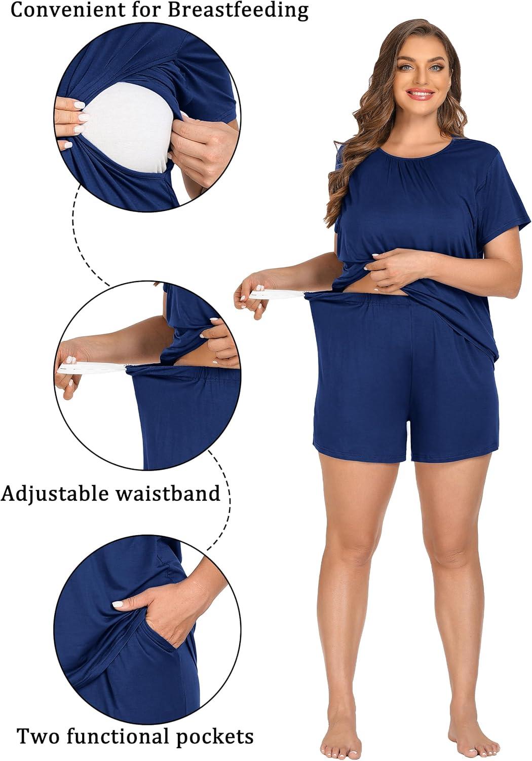 imageSWOMOG Women 3Pcs Maternity Pajama Set Nursing Pjs Pregnancy Set Breastfeeding Pjs Double Layer with PocketsNavy Blue