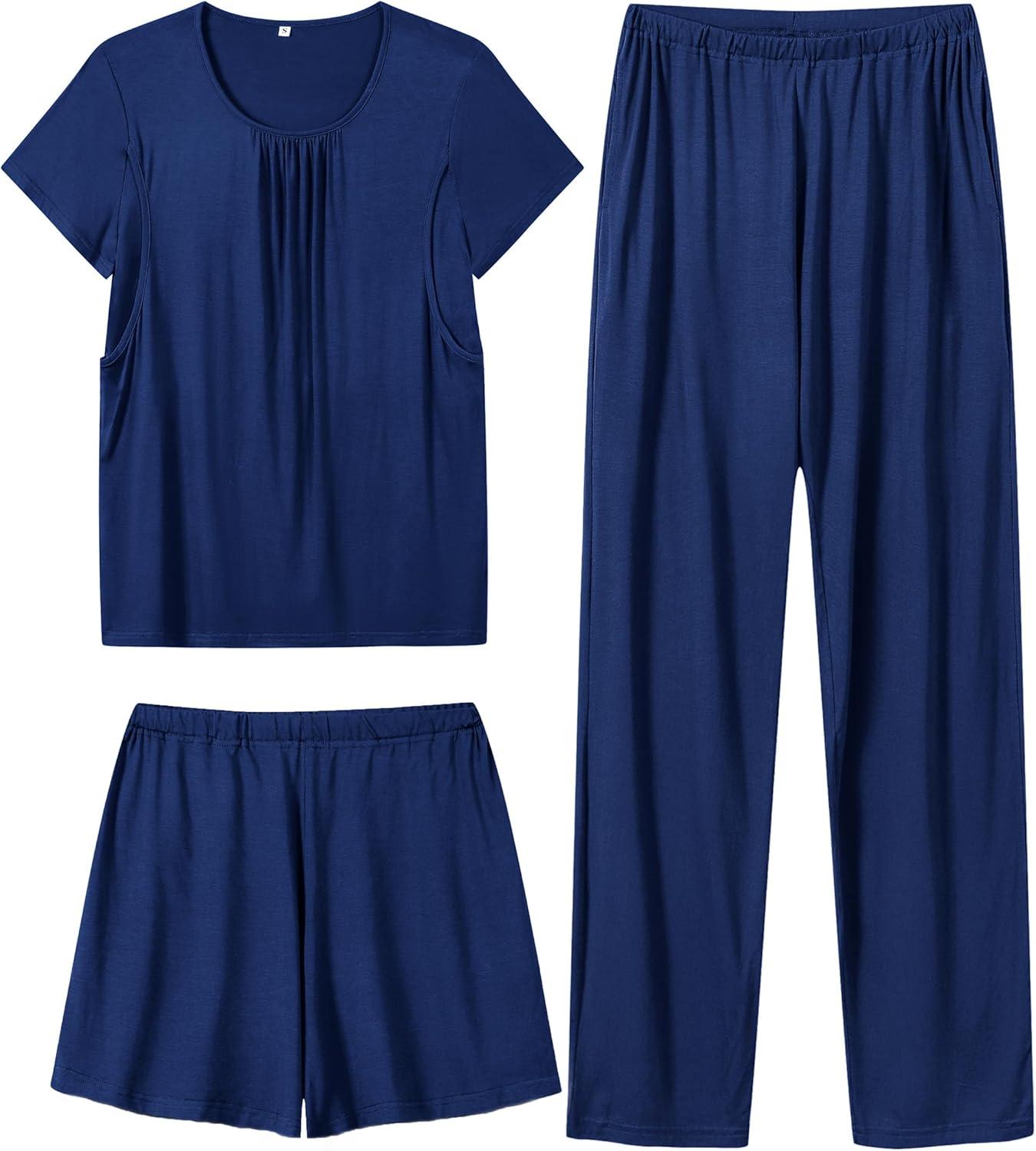 imageSWOMOG Women 3Pcs Maternity Pajama Set Nursing Pjs Pregnancy Set Breastfeeding Pjs Double Layer with PocketsNavy Blue