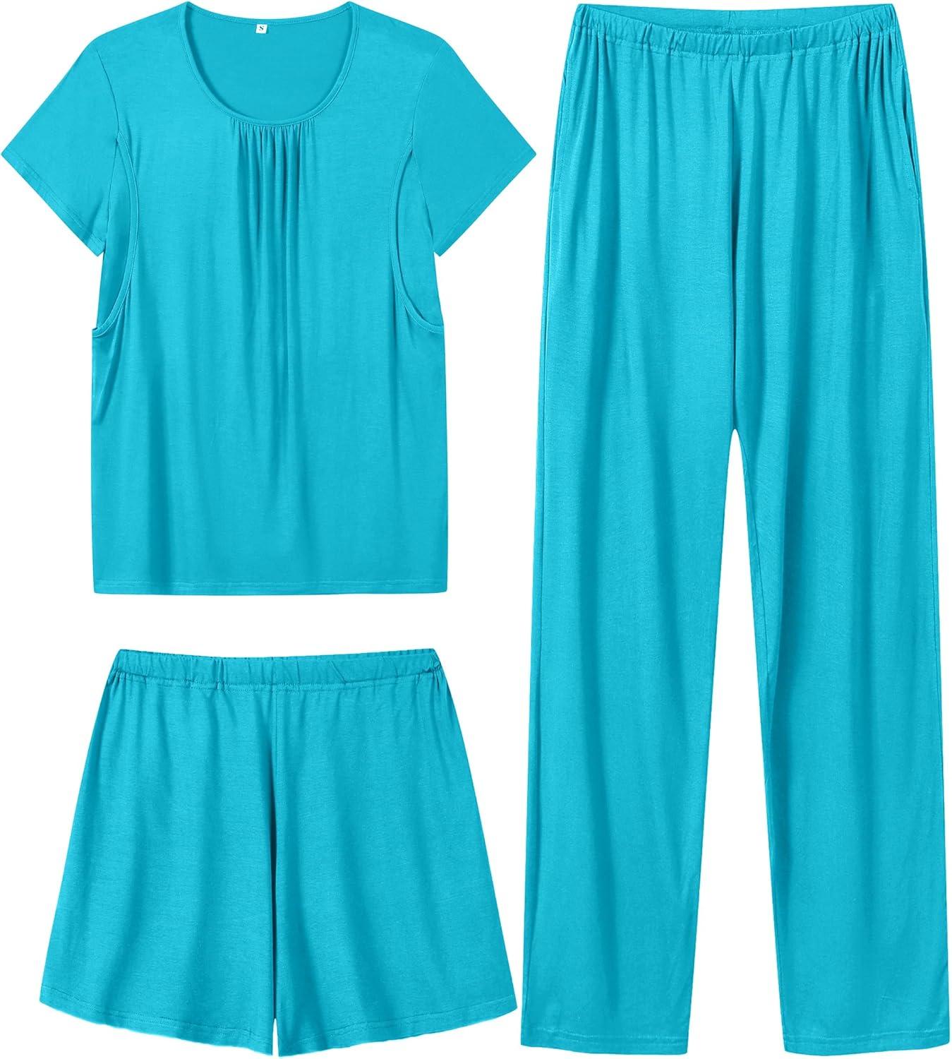 imageSWOMOG Women 3Pcs Maternity Pajama Set Nursing Pjs Pregnancy Set Breastfeeding Pjs Double Layer with PocketsPeacock Blue