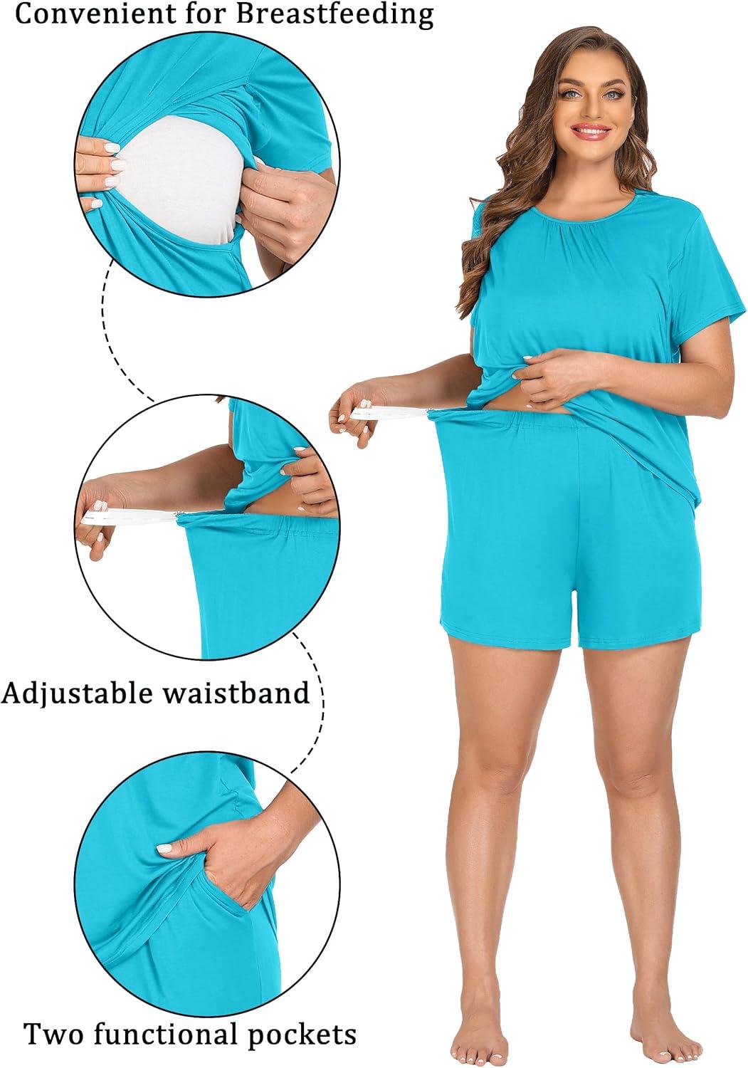 imageSWOMOG Women 3Pcs Maternity Pajama Set Nursing Pjs Pregnancy Set Breastfeeding Pjs Double Layer with PocketsPeacock Blue